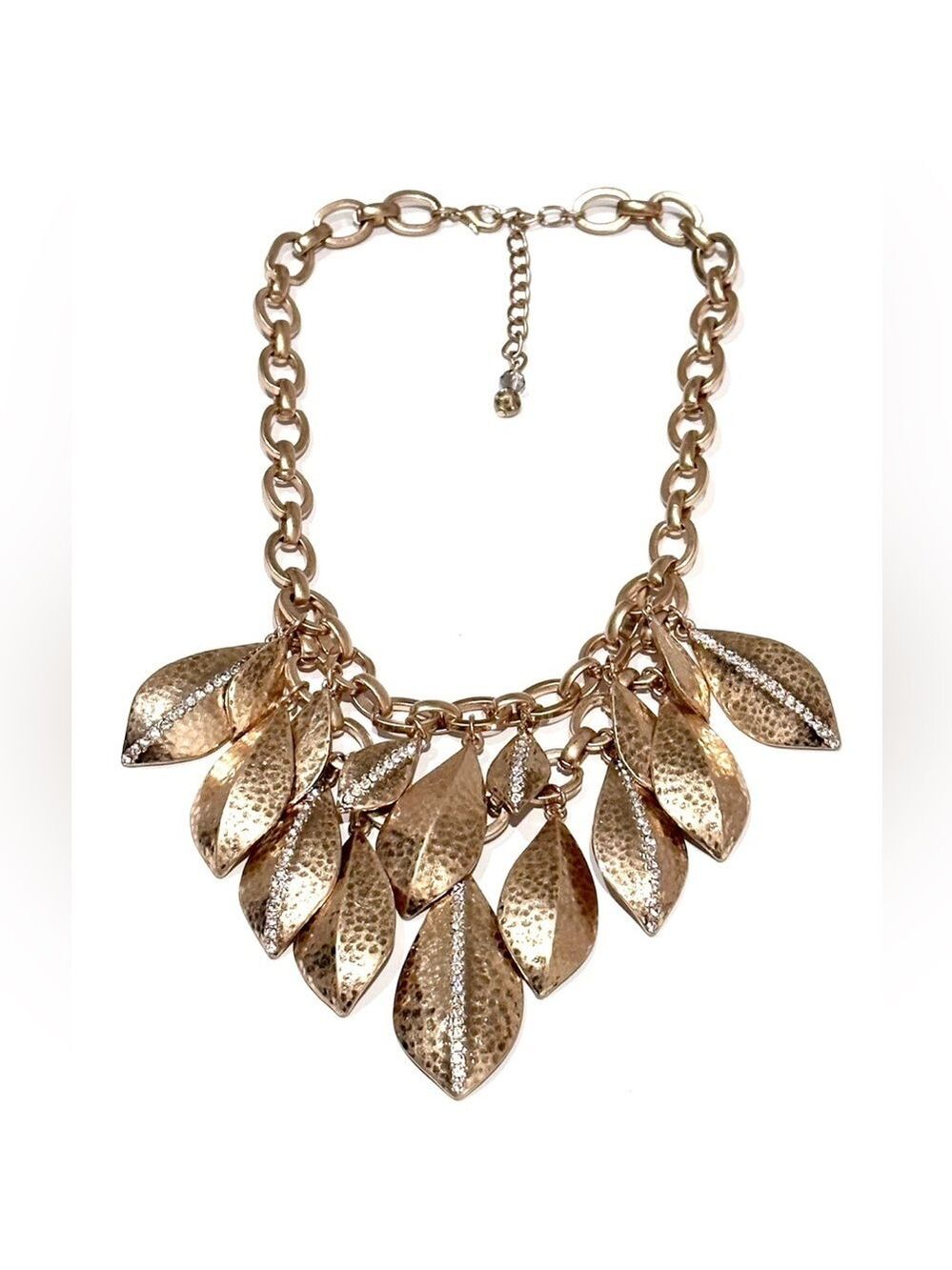 NEIMAN MARCUS | Autumn Gold Textured Leaves Bib Necklace w CZ Detail | NEW